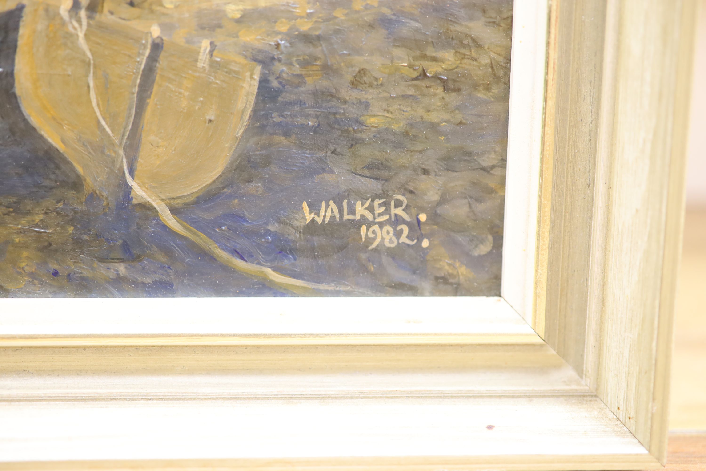 Walker 1982, oil on board, Beach scene with pier, signed and dated 1982, 45 x 54cm